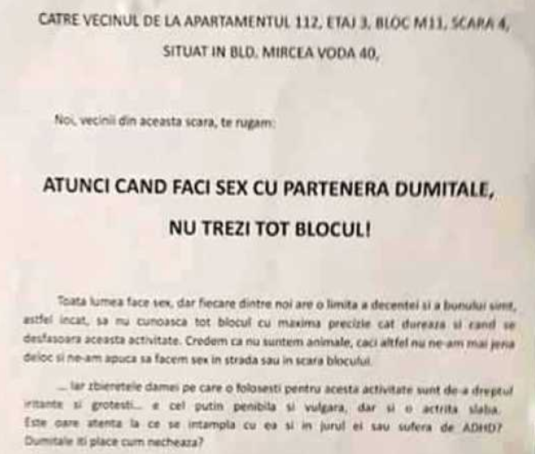 Cuplu acuzat de vecini că făcea sex prea gălăgios. Afişul viral: 