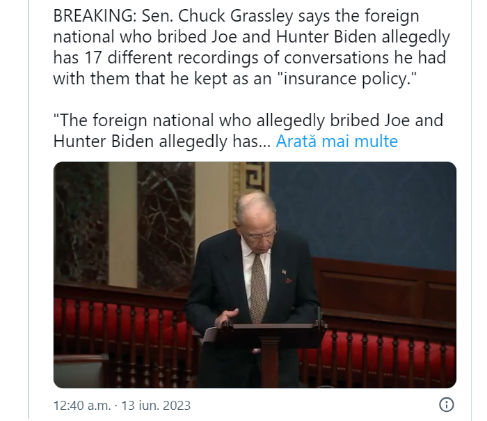 Senatorul Grassley: Cetățeanul străin care l-a mituit pe Joe Biden a păstrat 17 înregistrări ca „Asigurare de viață